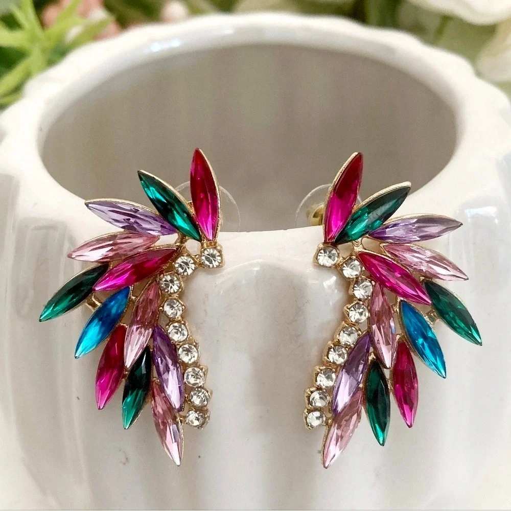 Gold Tone Multicolor Marquise Rhinestone Statement Earrings wedding party 💖